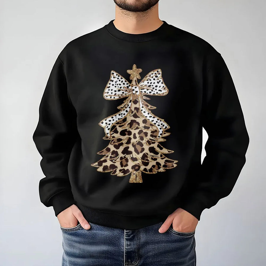 Leopard Print Christmas Tree Sweatshirt | Trendy Polka Dot Bow Holiday Graphic | Premium Cotton Blend Crewneck | Cute Festive Gift for Her