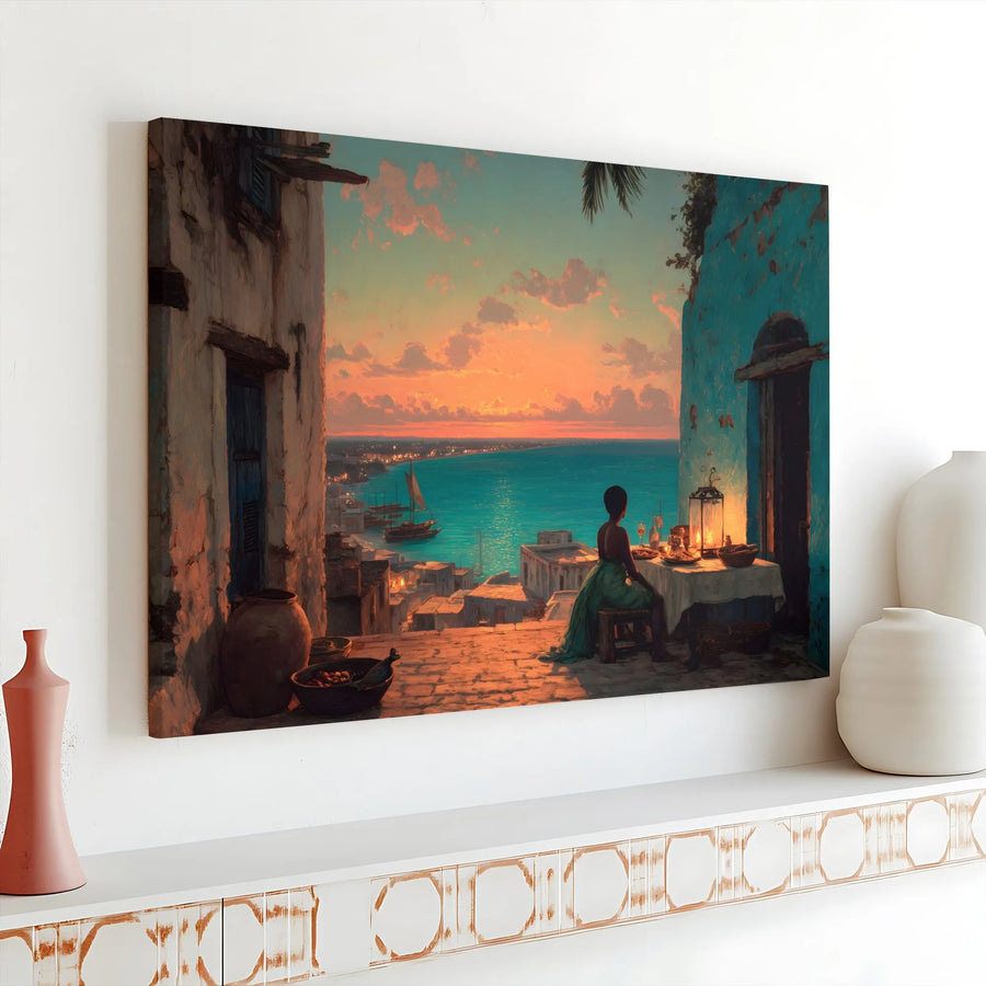 Mediterranean Sunset Horizontal Canvas | Scenic Coastal Art | Romantic Dinner Scene Painting, Teal & Terracotta | Premium Fade-Resistant Print | Living Room Decor Gift