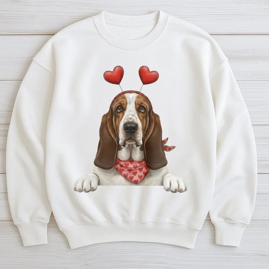 Basset Hound Valentine Sweatshirt | Cute Heart Headband Dog Design | Premium Cotton Blend | Gift for Dog Mom and Valentine Lover