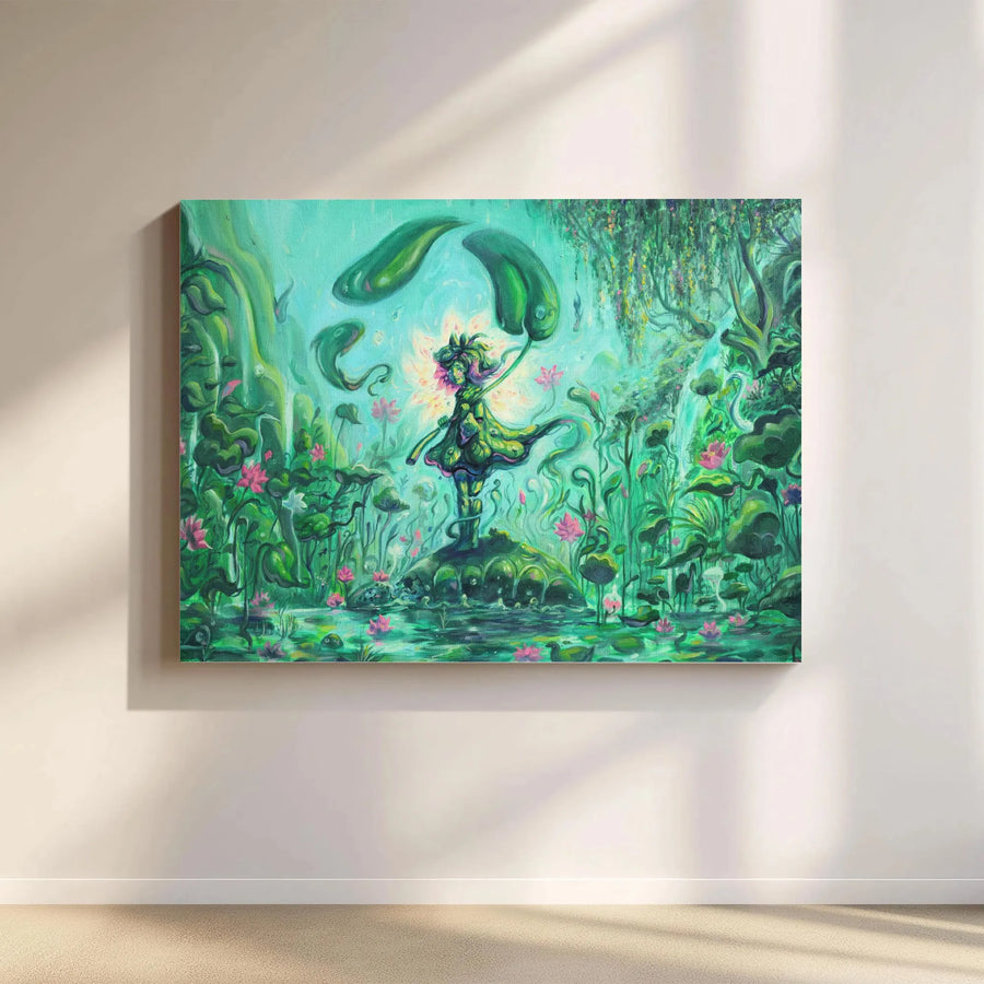 Magical Lotus Fairy Horizontal Canvas | Whimsical Pond & Turtle Art Print | Premium 1.25" Thick Gallery Wrap | Fantasy Wall Decor Gift for Nursery & Kids Room