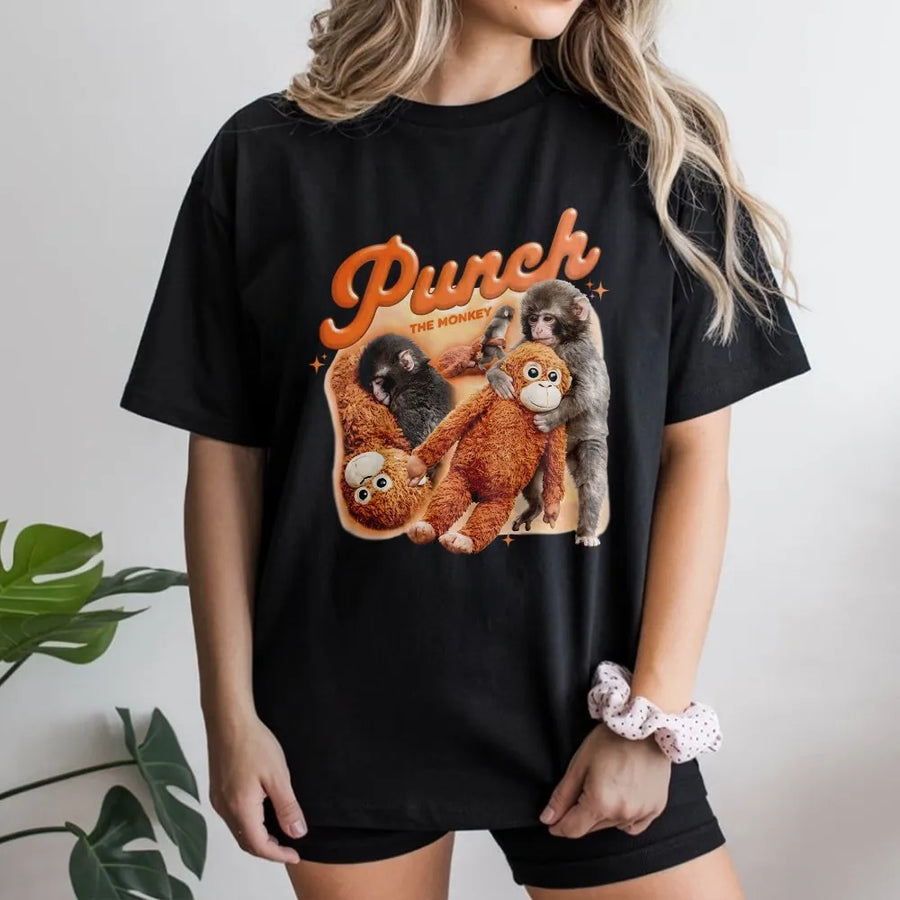 Punch The Monkey T-Shirt | Retro Aesthetic Cute Baby Monkey Graphic | Premium Cotton Unisex Tee | Funny Animal Lover Gift