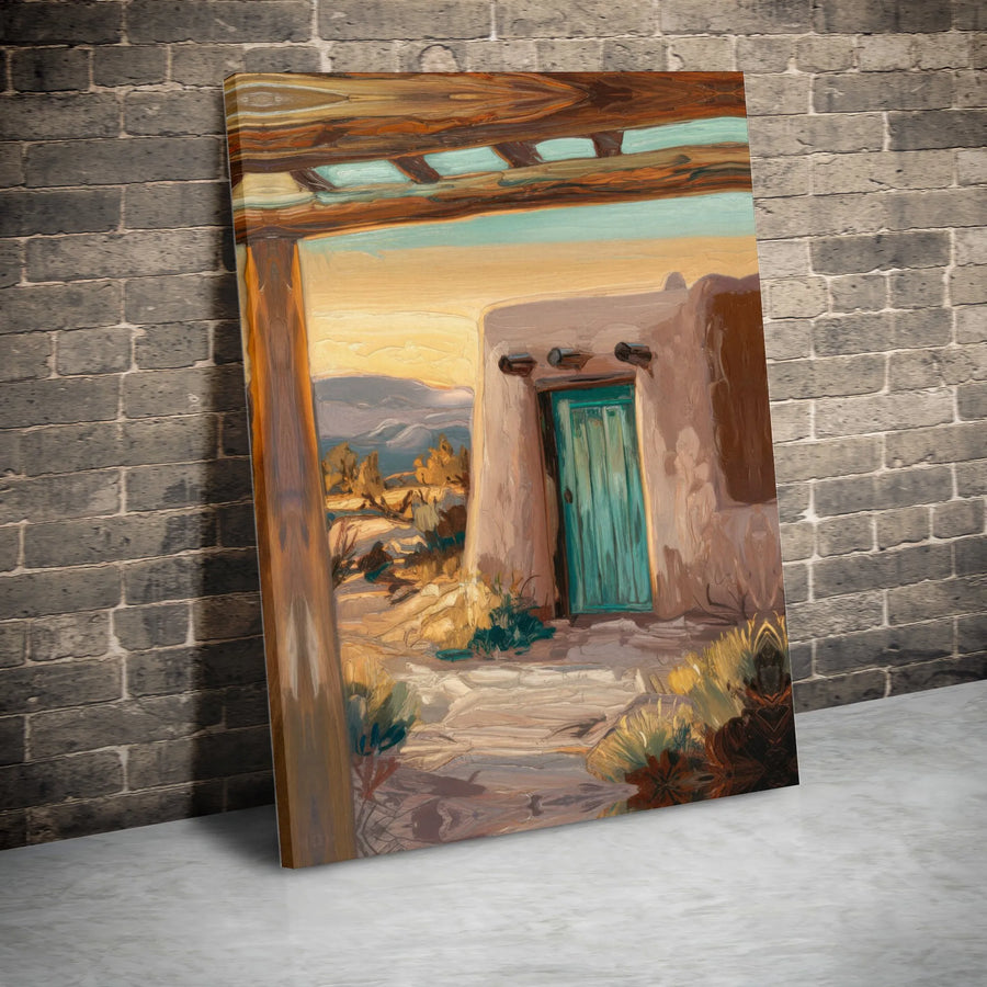 Southwestern Adobe Canvas Print | Rustic Teal Door Desert Scene | Premium Gallery Wrapped Canvas | Rustic Living Room Decor Gift