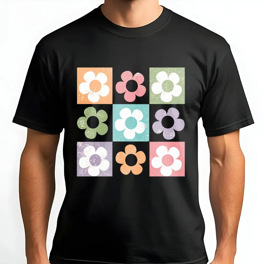 Retro Floral Grid T-Shirt | Vintage 70s Boho Flower Graphic | Soft 100% Cotton Tee | Aesthetic Summer Gift for Her