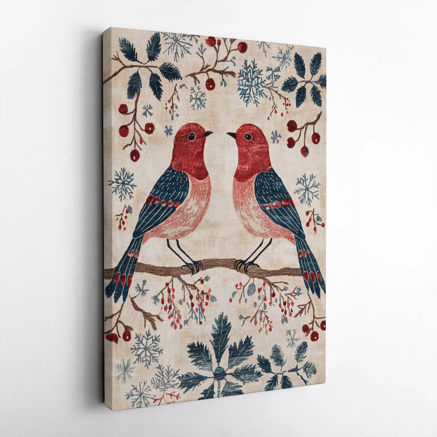 Winter Bird Canvas Art | Folk Art Holiday Decor with Snowflakes and Berries | Premium Gallery Wrap | Festive Christmas Home Wall Decor
