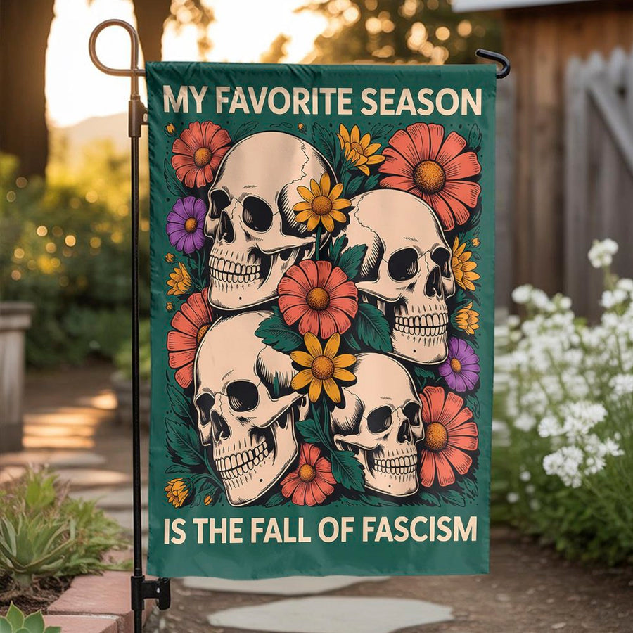 Fall Of Fascism Garden Flag | Floral Skull Yard Decor | Premium Weather-Resistant Polyester | Anti-Fascist Outdoor Gift