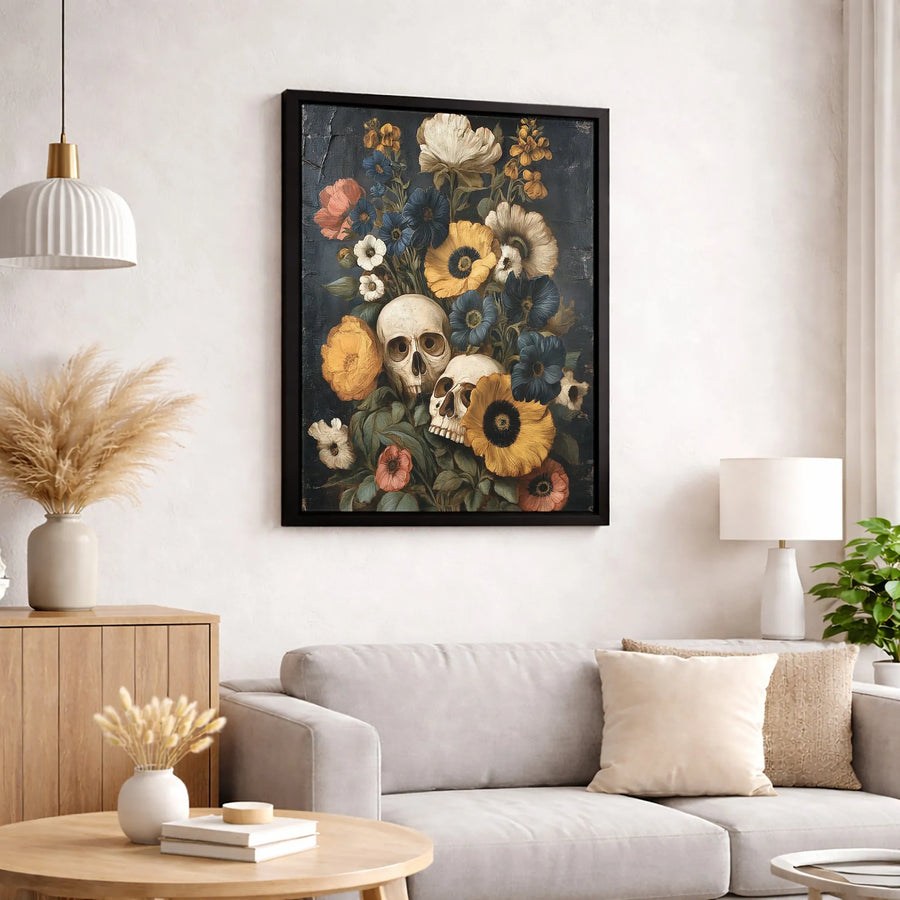 Dark Floral Skull Canvas Print | Gothic Flower Still Life Art | Premium Gallery Wrapped Wall Decor | Moody Home Office Gift