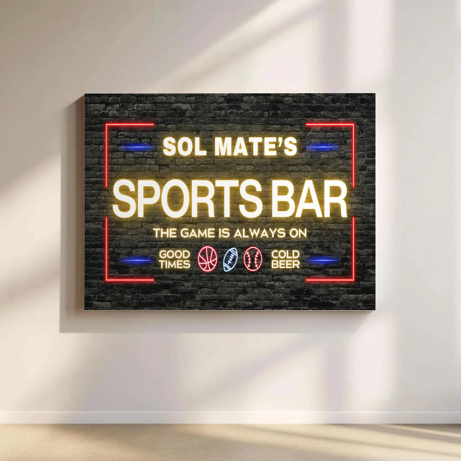 Sports Bar Canvas Wall Art | Faux Neon Sign on Brick Wall | Premium Canvas Print | Man Cave Decor Gift for Him