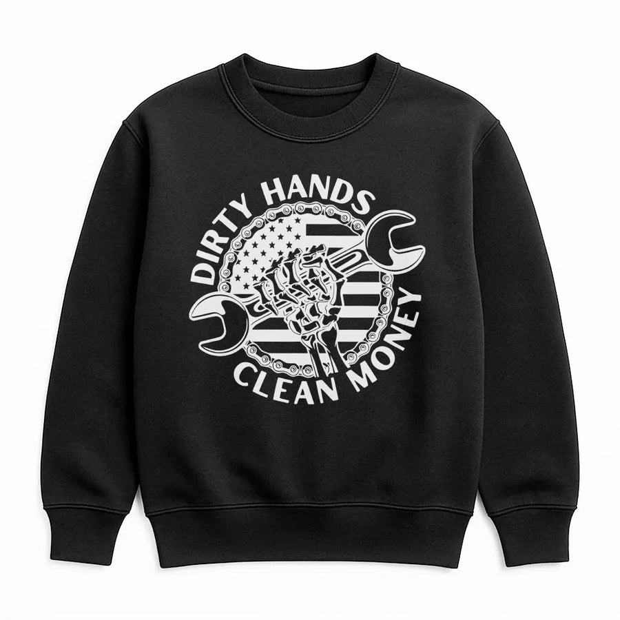 Mechanic Sweatshirt | Dirty Hands Clean Money American Flag Graphic | Premium Cotton Blend | Gift for Blue Collar Worker Hard Worker