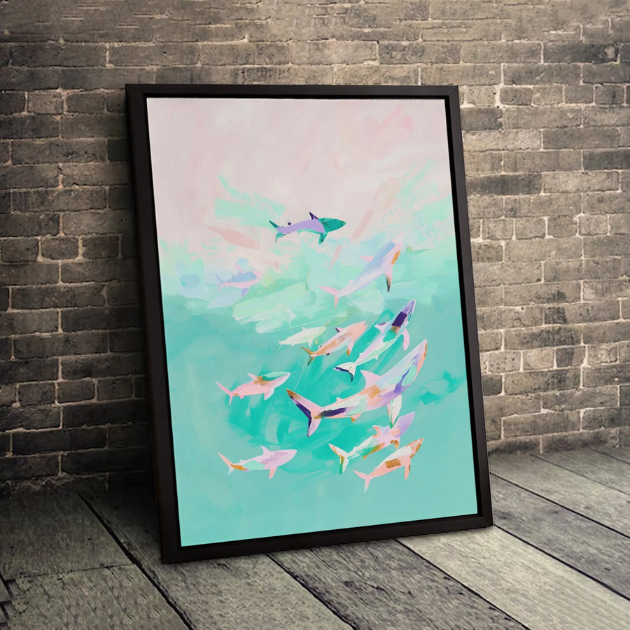 Pastel Shark School Canvas Wall Art | Abstract Ocean Marine Life Print | Premium Gallery Wrapped 1.25" Profile | Modern Coastal Home Decor Gift