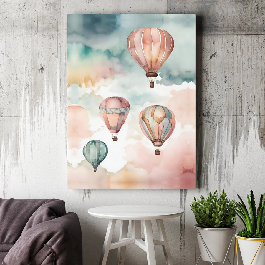Hot Air Balloon Canvas Wall Art | Watercolor Pastel Sky Landscape | Premium Fade-Resistant Gallery Wrap | Nursery & Home Decor Gift