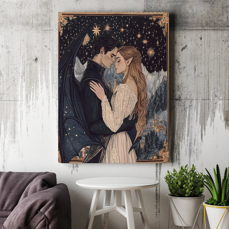 Fantasy Romance Wall Art | Winged Demon and Elf Couple Portrait | Premium Gallery Wrapped Canvas | Romantic Gift for Book Lovers
