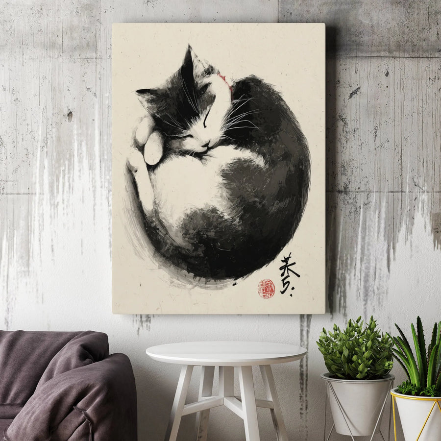 Sleeping Cat Canvas Wall Art | Sumi-E Ink Wash Style Print | Premium 1.25" Gallery Wrap | Zen Home Office Decor Gift for Cat Lovers