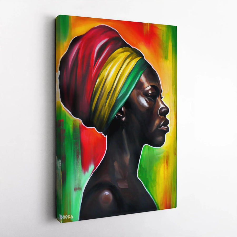 African American Woman Wall Art | Rasta Headwrap Oil Painting Style | Premium 1.25" Gallery Wrapped Canvas | Black Art for Modern Home Decor