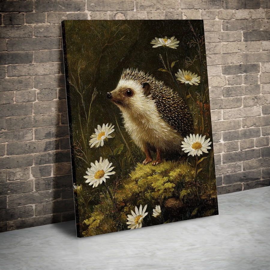 Hedgehog Canvas Wall Art | Vintage Painting of Hedgehog in Daisies | Premium Thick Gallery Wrap | Woodland Nursery & Cottagecore Decor Gift