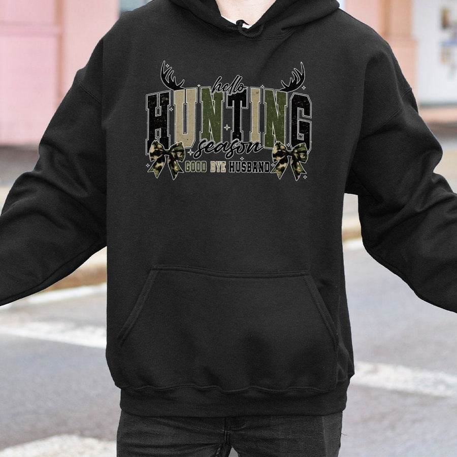 Hello Hunting Season Goodbye Husband Hoodie | Camo Coquette Bow Graphic | Premium Cotton Blend | Funny Wife Gift for Deer Hunter Season