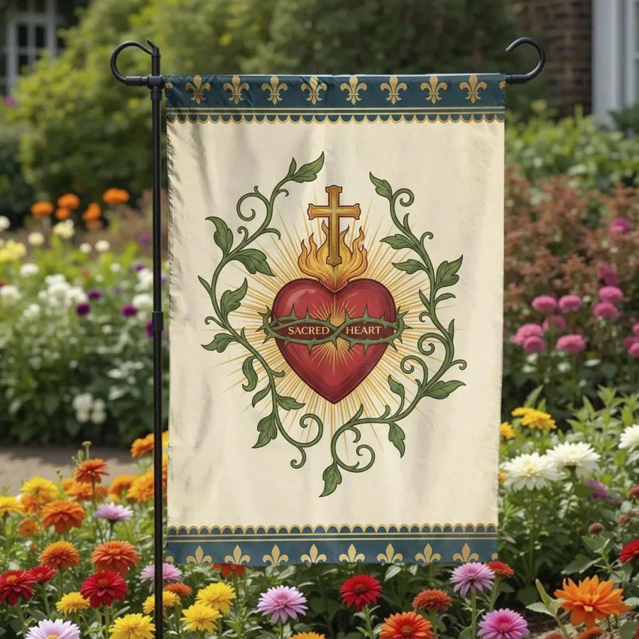 Sacred Heart of Jesus Garden Flag | Vintage Fleur-de-lis Botanical Art | Double Sided Premium Polyester | Catholic Christian Home Decor Gift