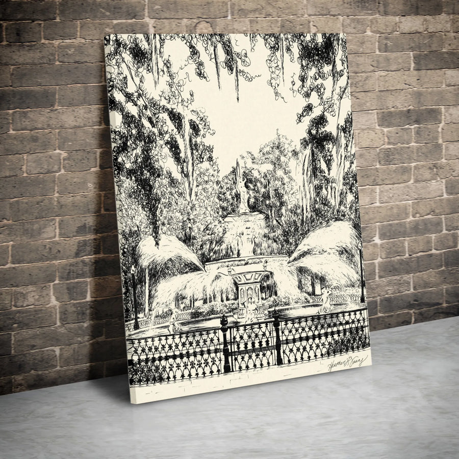 Forsyth Park Fountain Canvas Print | Vintage 1973 Sketch Illustration | Premium Gallery-Wrapped Canvas | Savannah GA Home Decor Gift