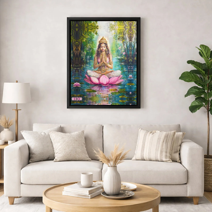 Meditating Goddess Wall Art | Spiritual Lotus Flower Canvas Print | Gallery Quality 1.25 Inch Profile | Zen Decor for Yoga Studio or Home Office