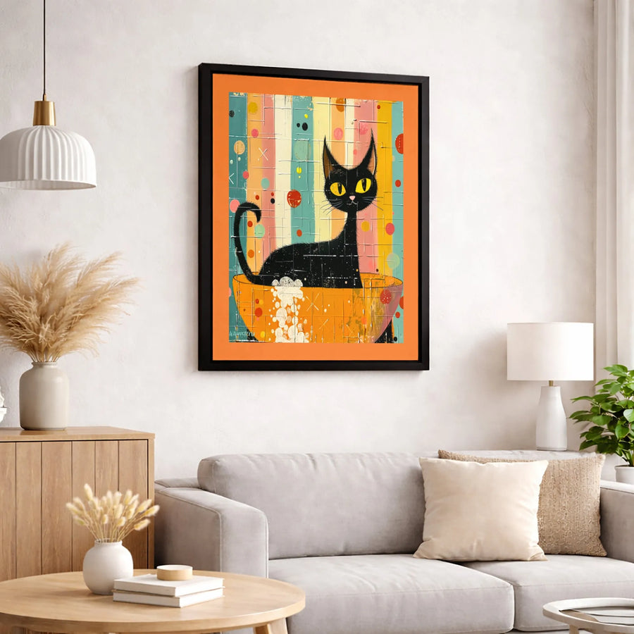 Whimsical Black Cat Wall Art | Mid Century Modern Bathing Cat Canvas | Gallery Wrap 1.25 Inch Profile | Cat Lover Gift Home Decor