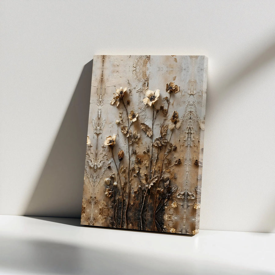 Neutral Floral Canvas Wall Art | Beige Textured Botanical Print | Premium Gallery Wrap Wooden Frame | Modern Minimalist Home Decor Gift