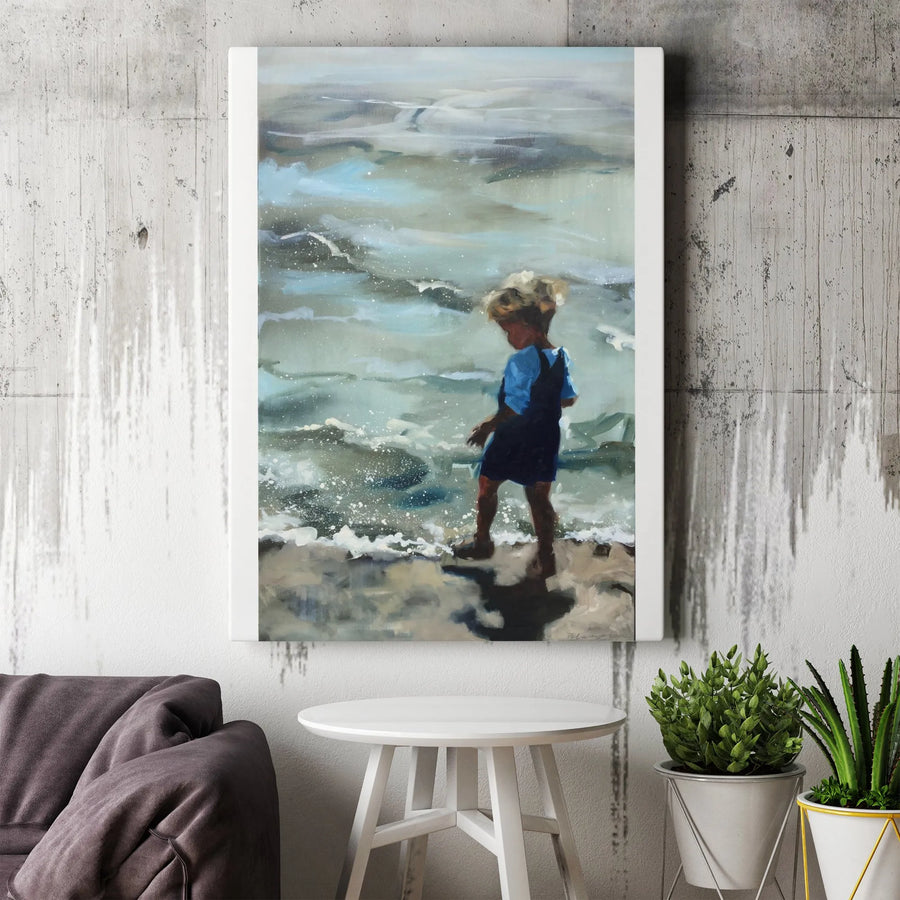 Child by the Sea Canvas Print | Painterly Beach Scene Wall Art | Premium Thick Gallery Wrap Canvas | Coastal Nursery Decor Gift