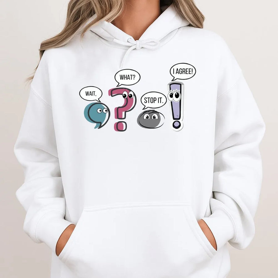 Funny Grammar Hoodie | Punctuation Marks Cartoon Sweatshirt | Soft Cotton-Poly Blend | Gift for English Teacher & Grammar Nerd