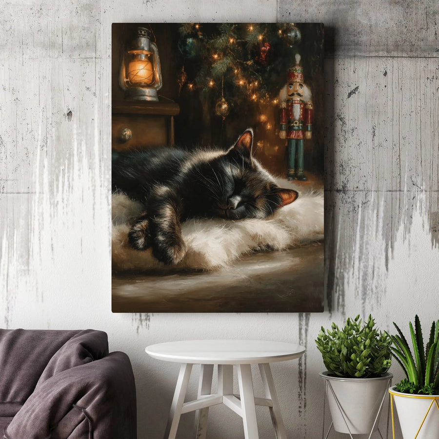 Sleeping Black Cat Canvas Wall Art | Christmas Tree & Nutcracker Design | Premium Fade-Resistant Print | Cozy Holiday Home Decor Gift