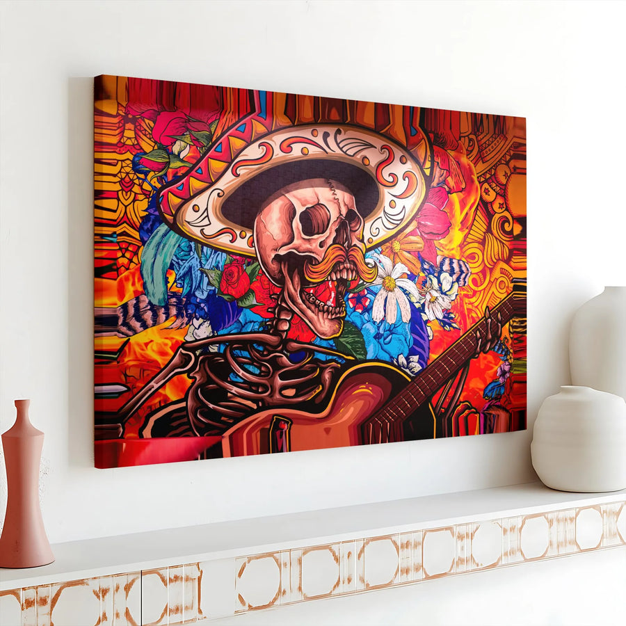 Day Of The Dead Canvas Art | Mariachi Skeleton Playing Guitar | 1.25" Premium Gallery Wrap | Dia De Los Muertos Wall Decor Gift
