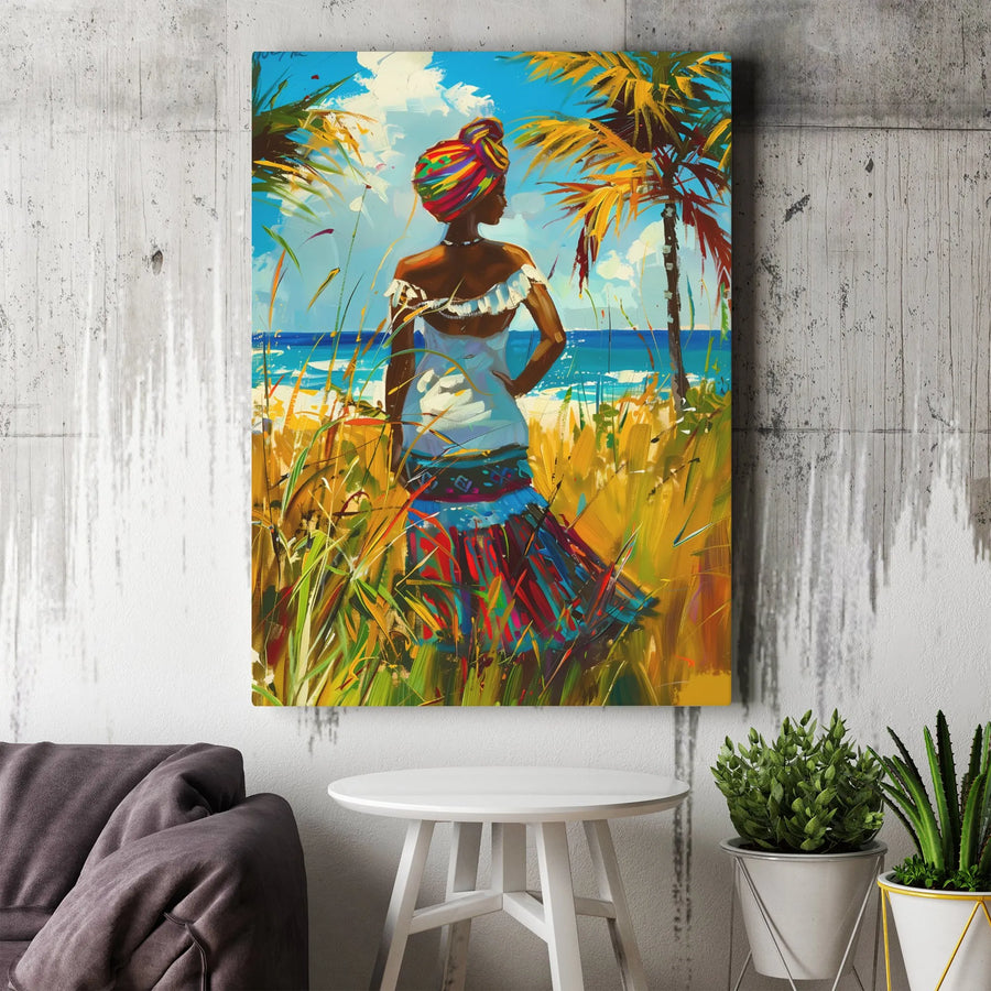 Black Woman Canvas Wall Art | Vibrant Tropical Beach Painting | Premium Gallery Wrap Print | Afrocentric Home Decor Gift