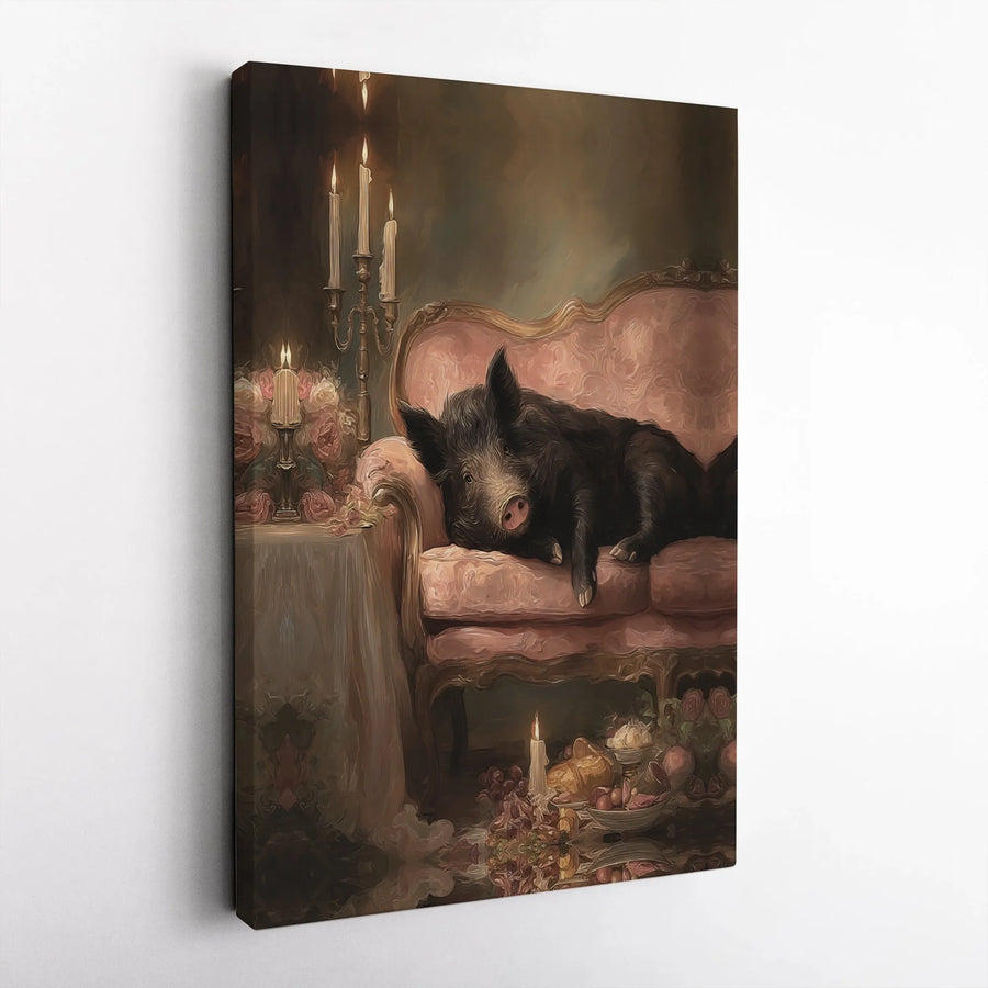 Wild Boar Painting On Pink Sofa | Baroque Style Animal Wall Art | 1.25-Inch Premium Gallery Canvas | Unique Eclectic Home Decor Gift