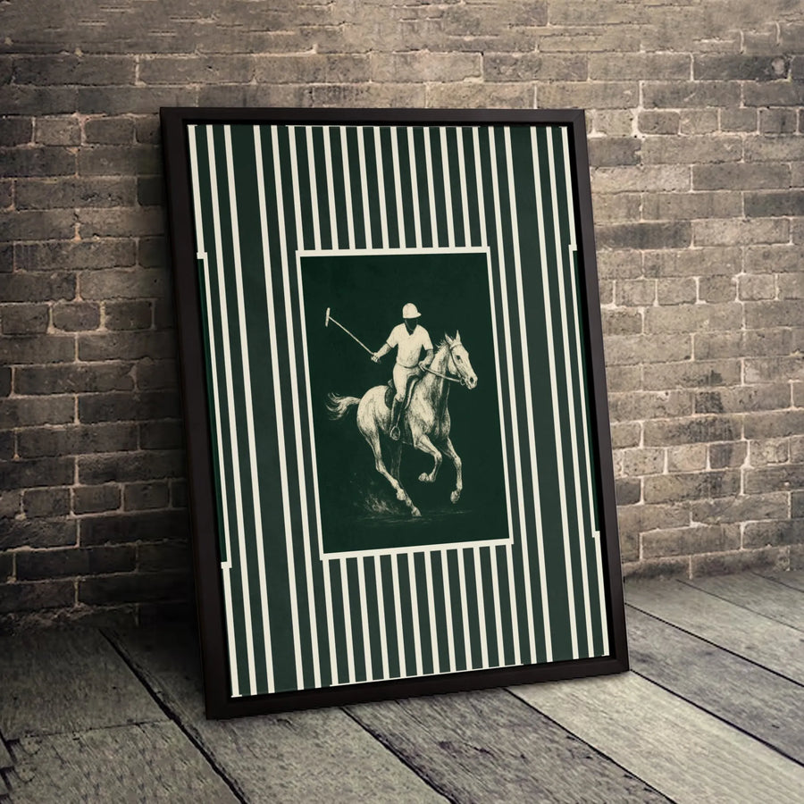 Polo Player Canvas Art | Equestrian Vintage Green Striped Wall Decor | Premium 1.25-Inch Gallery Wrap | Sophisticated Home Office Gift