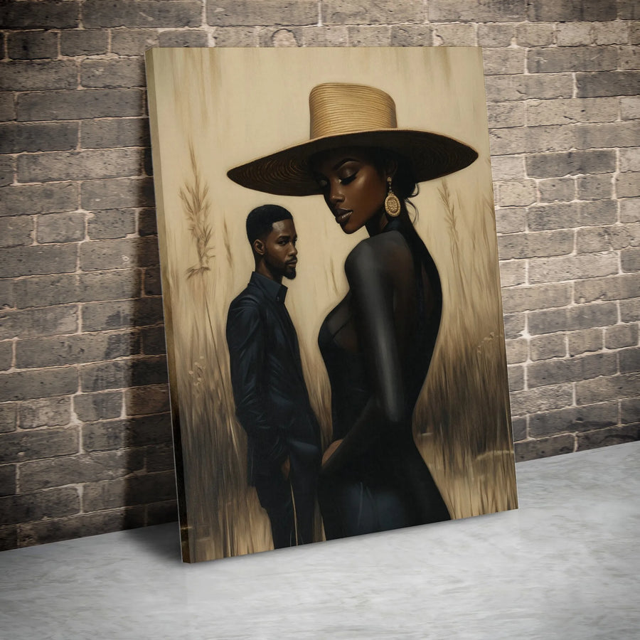 Black Couple Wall Art | Elegant Man and Woman in Straw Hat | Premium Gallery Wrap Canvas | Sophisticated Modern Home Decor Gift