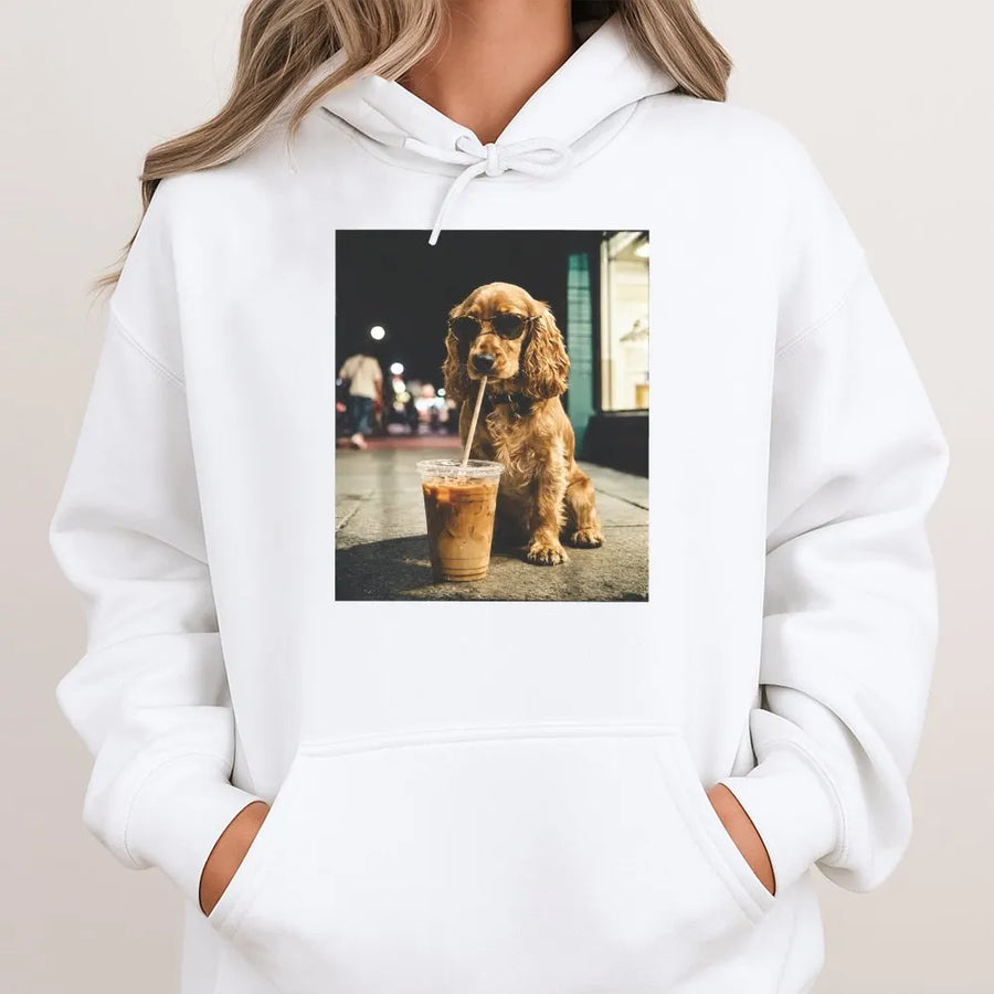 Funny Dog Drinking Coffee Hoodie | Aesthetic Cocker Spaniel Photo Graphic | Soft Cotton Blend Sweatshirt | Gift for Dog Lover & Coffee Addict