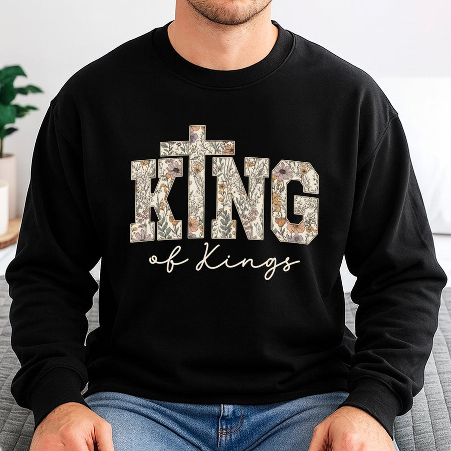 King of Kings Christian Sweatshirt | Floral Cross Religious Graphic | Premium Cotton Blend | Faith Based Gift for Women & Men