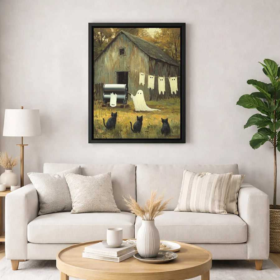 Ghost Doing Laundry Canvas Print | Funny Halloween Ghost Costume Art | Premium 1.25" Gallery Wrap | Whimsical Fall Home Decor Gift