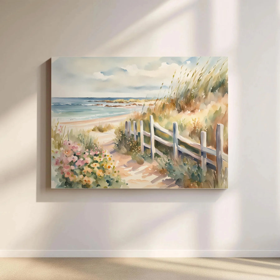 Coastal Beach Path Canvas Print | Watercolor Seascape Painting | Premium Gallery Wrapped Art | Nautical Living Room Decor Gift