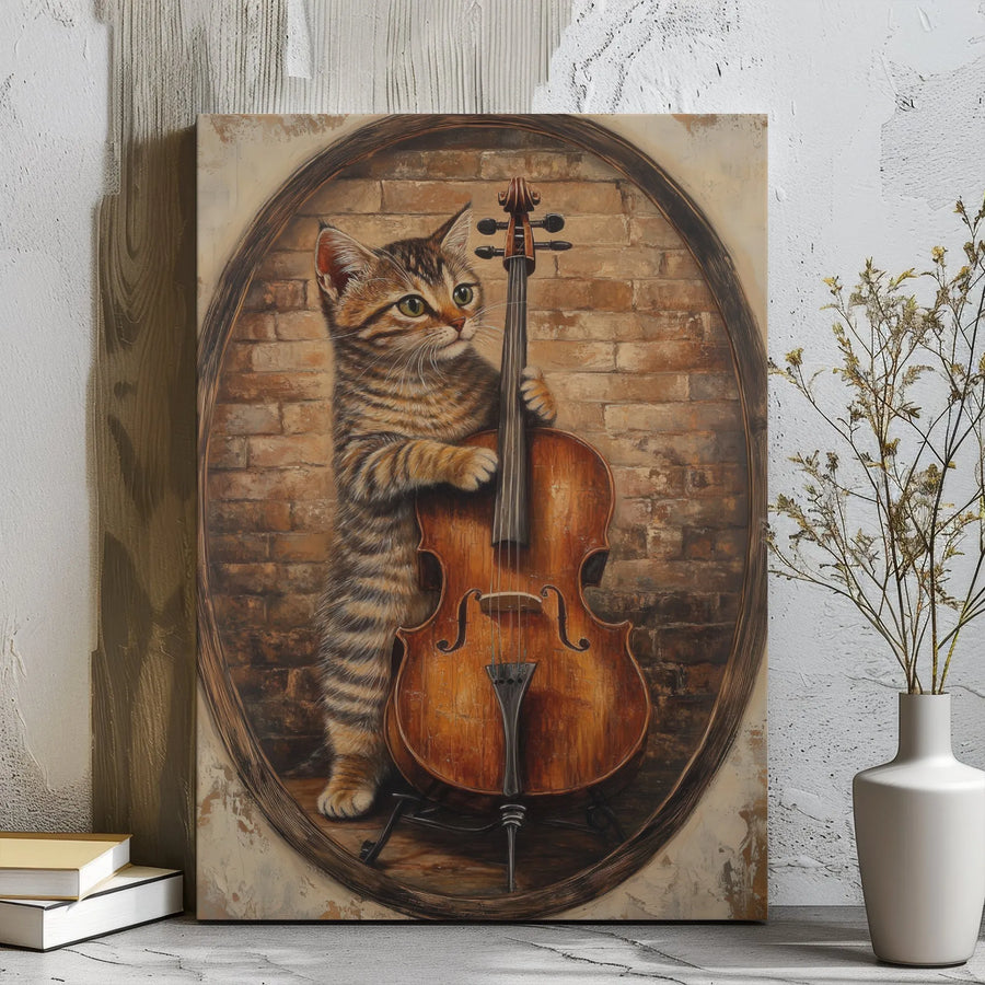 Cat Playing Cello Canvas Art | Vintage Style Musical Kitten Portrait | Premium Gallery Wrap Wall Decor | Unique Gift for Music and Cat Lovers