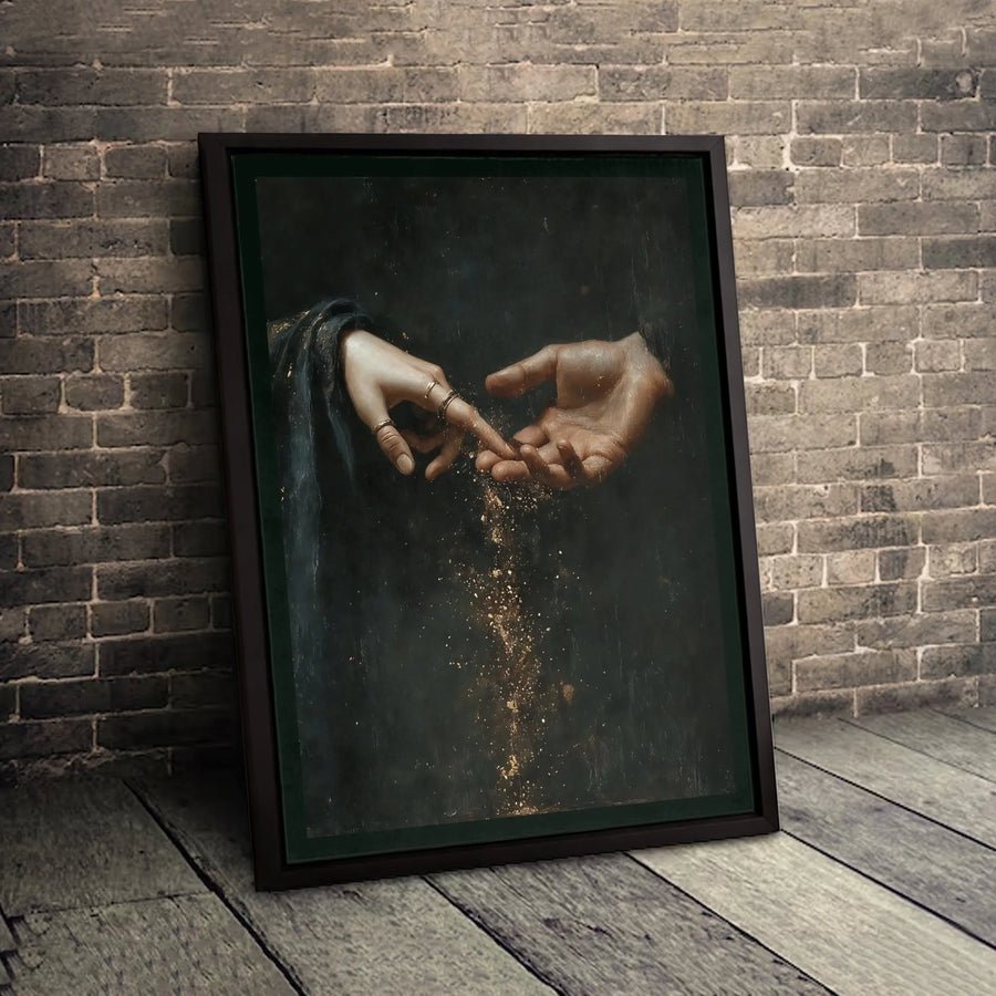 Creation Of Adam Inspired Canvas | Divine Hands Gold Dust Art | Gallery Quality Framed Print | Spiritual Home Decor Gift