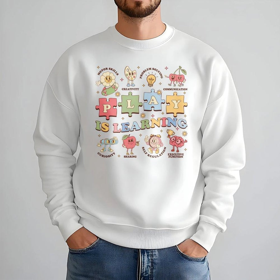 Play Is Learning Teacher Sweatshirt | Retro Kindergarten Education Graphic | Premium Cotton Blend Crewneck | Gift For Elementary School Teachers