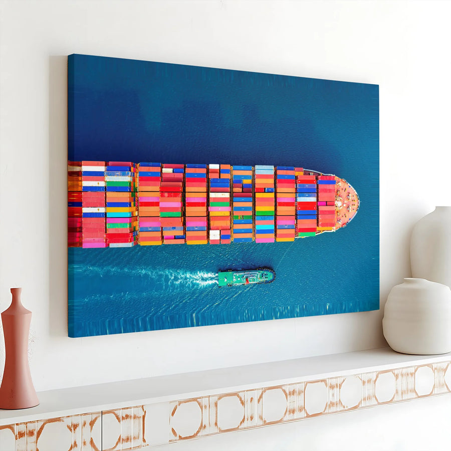 Container Ship Canvas Wall Art | Aerial Ocean View | Premium 1.25-Inch Gallery Wrap | Modern Office or Nautical Home Decor