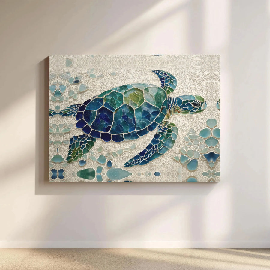 Sea Turtle Mosaic Canvas Wall Art | Sea Glass Effect Turtle Art Print | Premium Gallery Wrap Canvas | Nautical Beach House Decor Gift