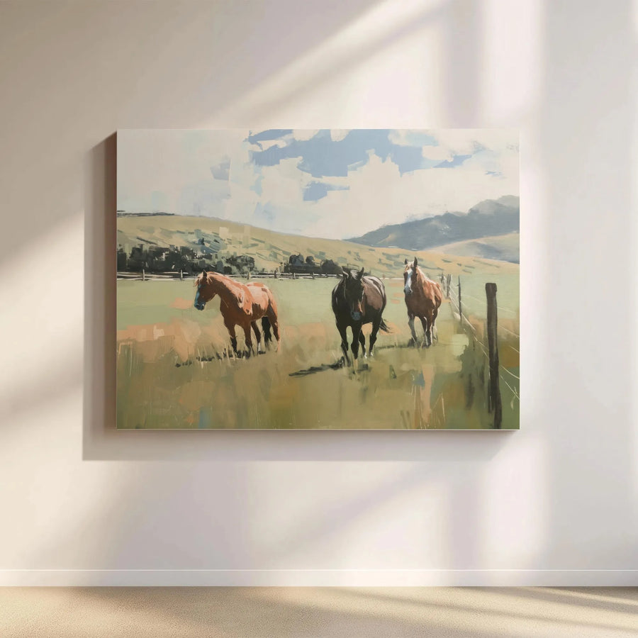 Three Horses Canvas Wall Art | Rustic Pasture Landscape Painting | Premium Gallery Wrapped Print | Western Farmhouse Decor Gift