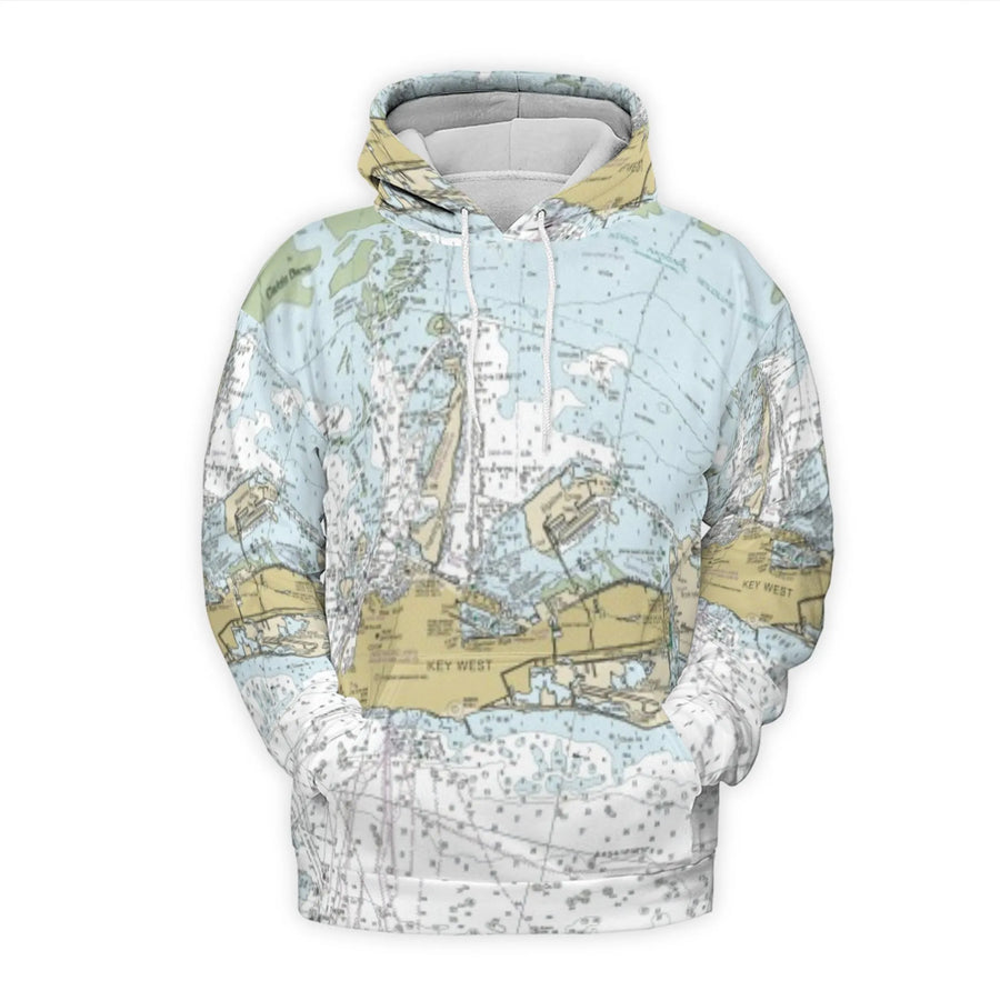 Key West Nautical Chart Hoodie | All-Over Map Print Pullover | Premium Brushed Fleece Lining | Gift For Boaters & Sailors