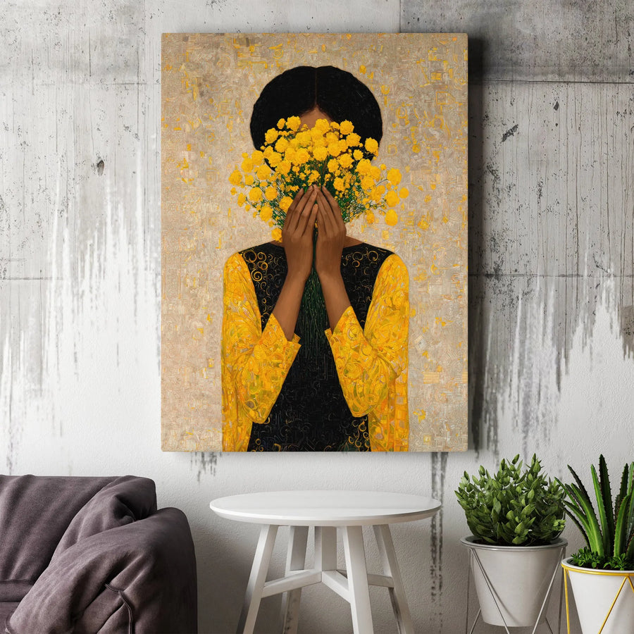 Black Woman with Flowers Canvas Print | Vibrant Yellow Floral Portrait | Premium Gallery Wrapped Canvas | Modern Home Decor Gift for Her