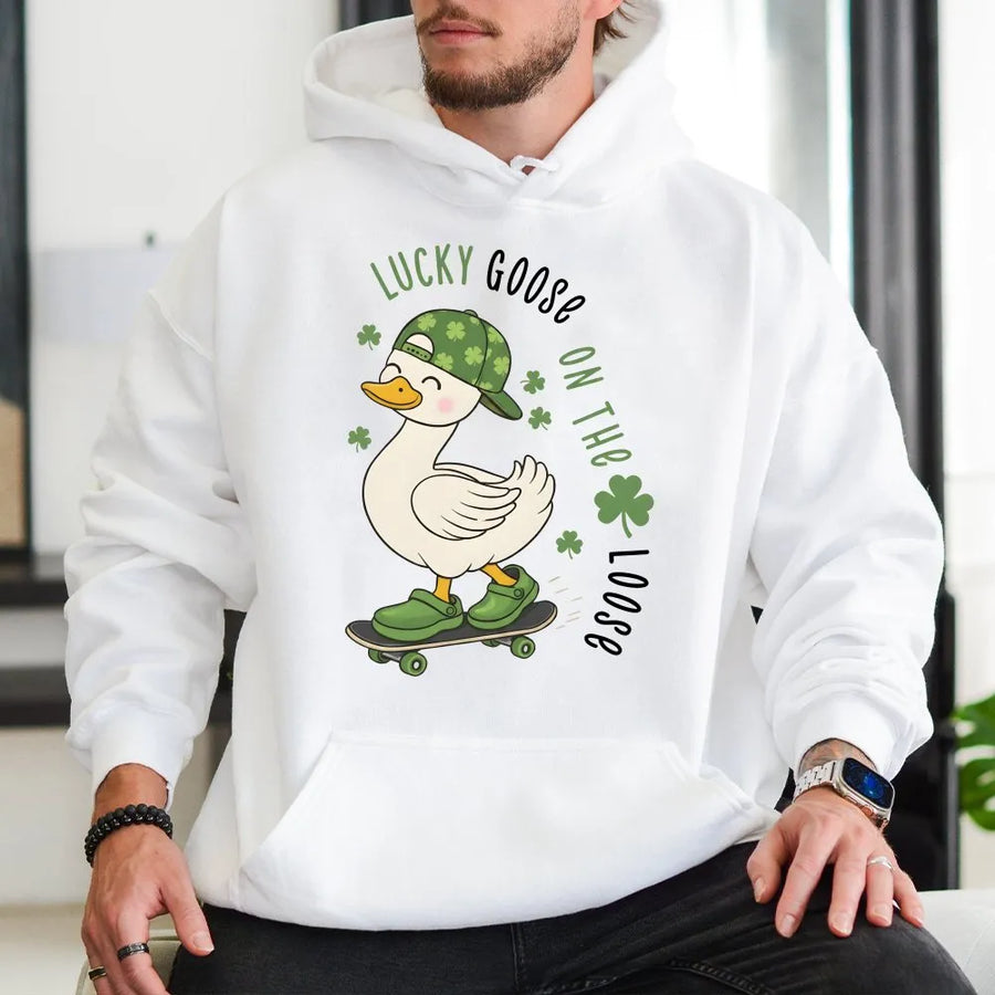 Lucky Goose Hoodie | St. Patrick's Day Skateboarding Graphic | Cotton-Polyester Premium Blend | Unisex Casual Gift for Holiday Fans