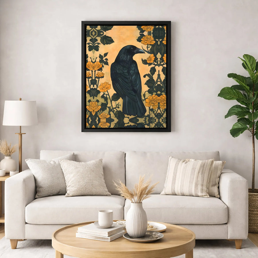 Black Raven Canvas Wall Art | Art Nouveau Yellow Rose Illustration | Premium Gallery Wrapped Print | Dark Academia Gothic Home Decor Gift