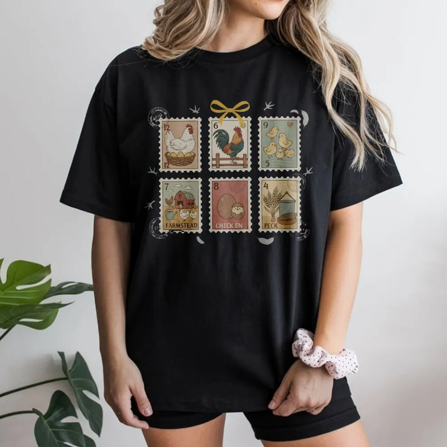 Chicken Stamp T-Shirt | Vintage Postage Farmstead Design | 100% Cotton Premium Tee | Unique Gift for Chicken Farmer & Homestead Enthusiasts
