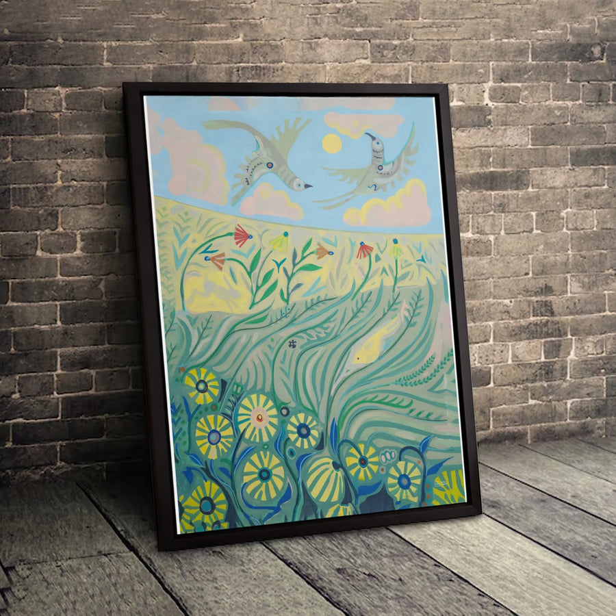 Folk Art Bird Canvas Print | Wildflower Meadow Landscape Art | Premium 1.25" Gallery Wrapped Canvas | Nature Wall Decor Gift for Home Office
