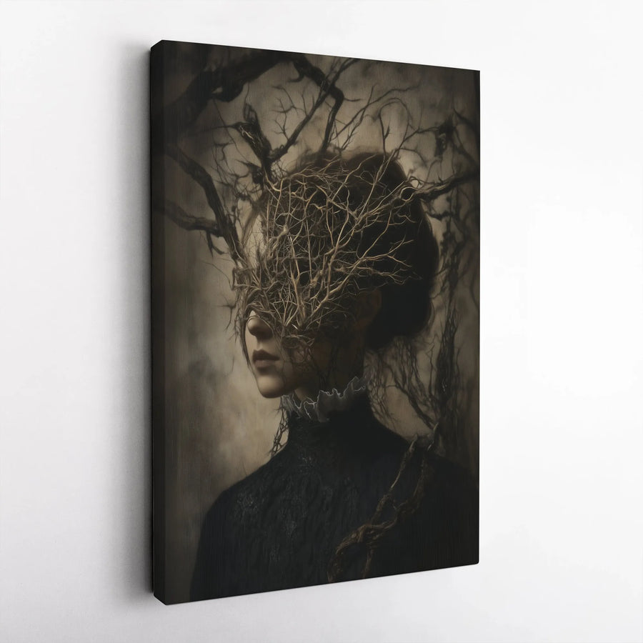 Gothic Surreal Wall Art | Ethereal Woman With Tangled Branches Portrait | Premium Gallery-Wrapped Canvas | Dark Academia Home Decor Gift