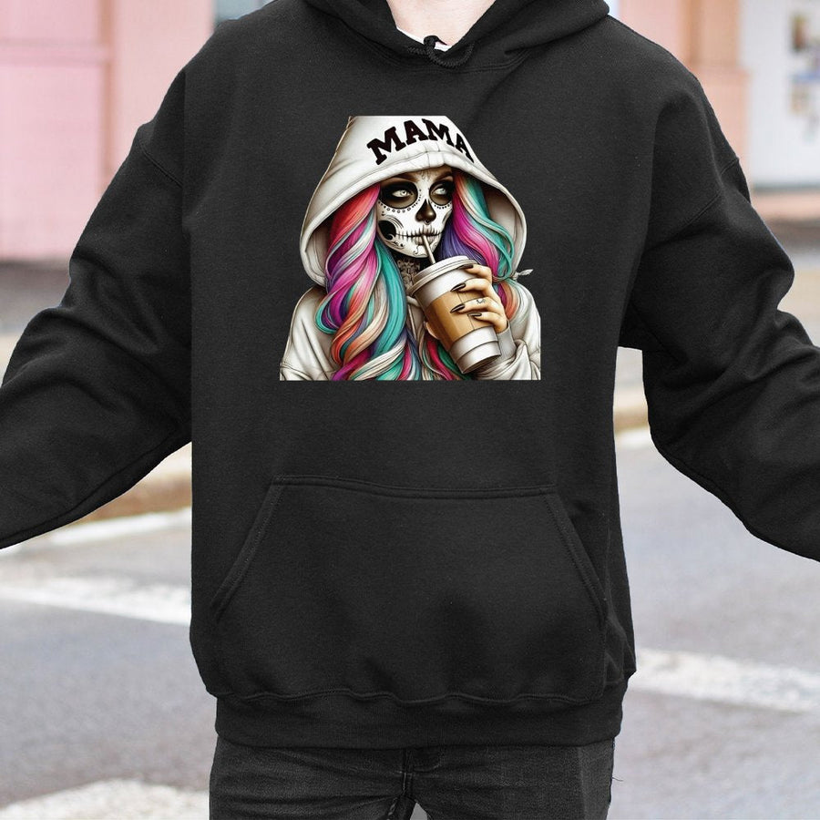 Mama Skeleton Coffee Hoodie | Spooky Graphic Sugar Skull Mom Sweatshirt | Cotton-Polyester Blend | Trendy Halloween Gift For Coffee Lovers